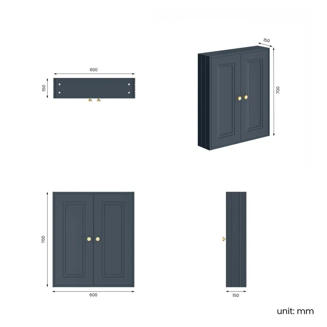 Inky Blue Wall Hung Cabinet 700x600mm - Brushed Brass Accents
