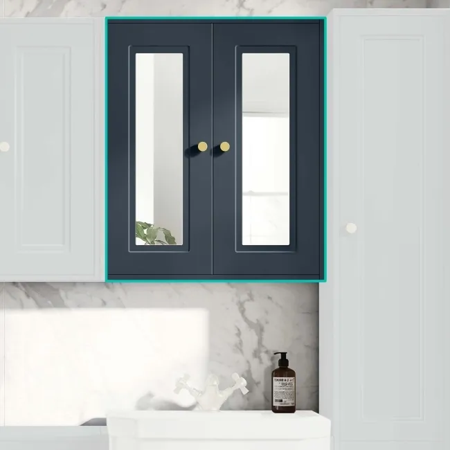 Inky Blue Wall Hung Mirror Cabinet 700x600mm - Brushed Brass Accents