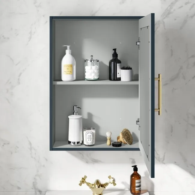 Inky Blue Mirror Cabinet 700x500mm - Brass Knurled Handles