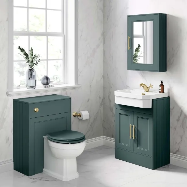 Midnight Green Mirror Cabinet 700x500mm - Brass Knurled Handles
