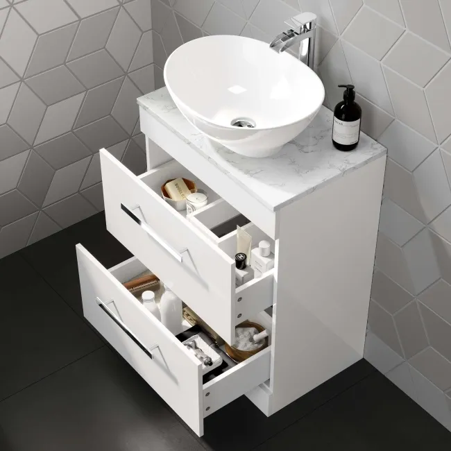 Avon Gloss White Vanity Drawer with Marble Top & Oval Counter Top Basin 600mm