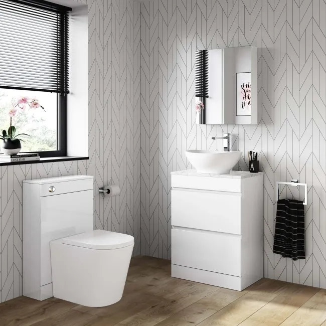 Trent Gloss White Vanity Drawer with Marble Top & Oval Counter Top Basin 600mm