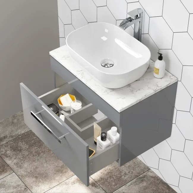 Avon Stone Grey Wall Hung Drawer with Marble Top 600mm - Excludes Counter Top Basin