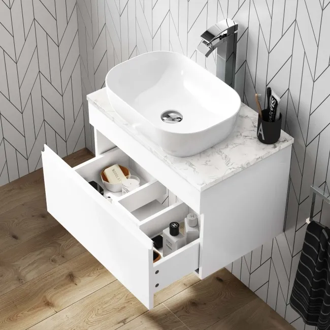 Trent Gloss White Wall Hung Drawer with Marble Top 600mm - Excludes Counter Top Basin