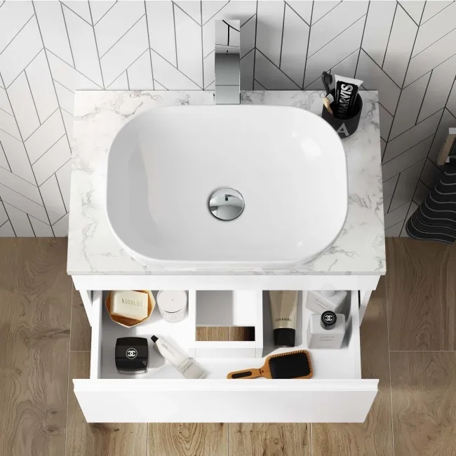 Trent Gloss White Wall Hung Drawer with Marble Top 600mm - Excludes Counter Top Basin
