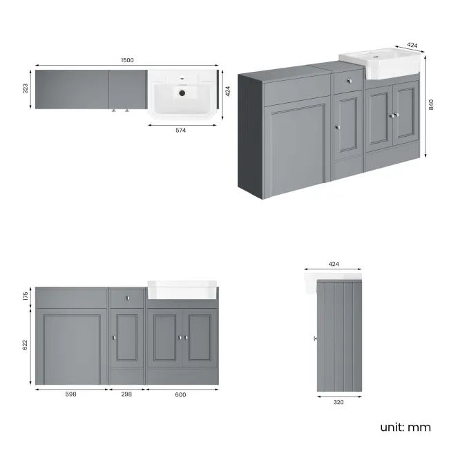 Monaco Dove Grey Combination Vanity Traditional Basin 1500mm (Excludes Pan & Cistern)