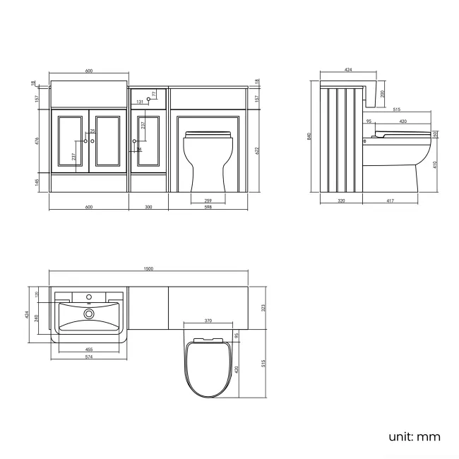 Monaco Graphite Grey Combination Vanity Traditional Basin and Seattle Toilet 1500mm