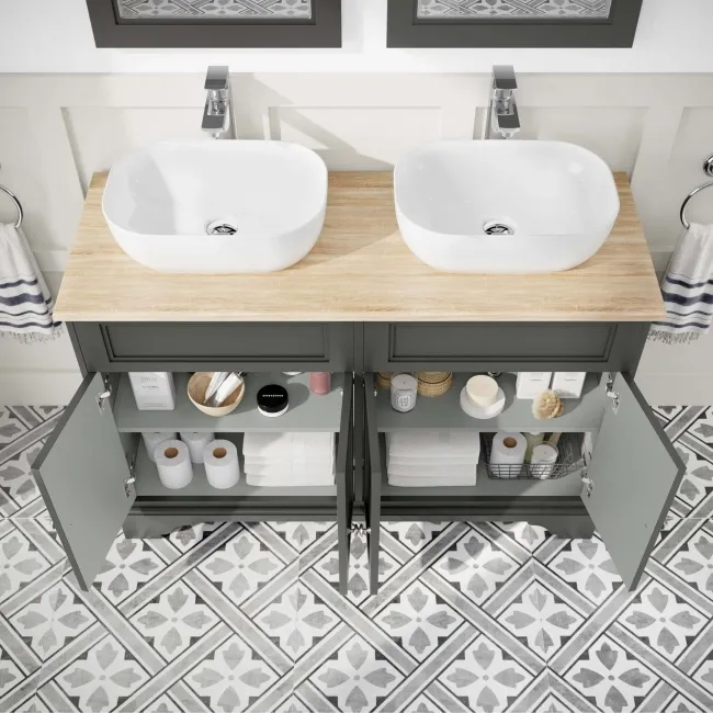 Lucia Graphite Grey Double Vanity with Oak Effect Top & Curved Counter Top Basin 1200mm