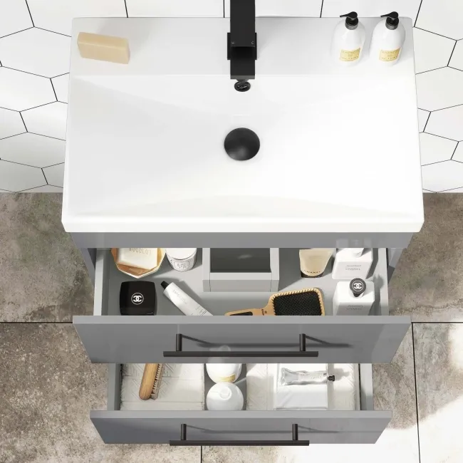 Avon Stone Grey Basin Drawer Vanity 600mm - Black Accents