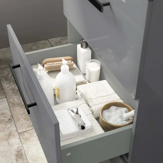 Avon Stone Grey Vanity Drawer with Marble Top & Curved Counter Top Basin 600mm - Black Accents