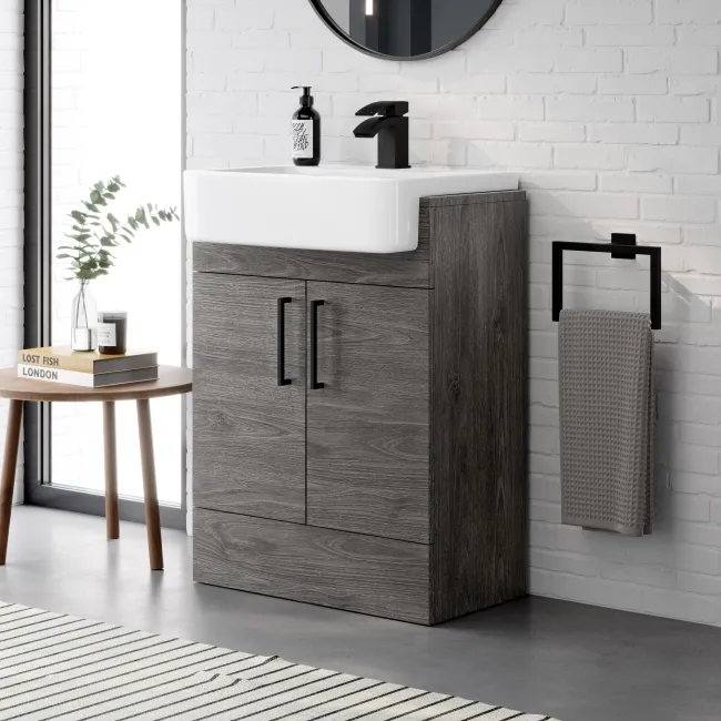 Harper Charcoal Elm Vanity with Semi Recessed Basin 600mm - Black Accents