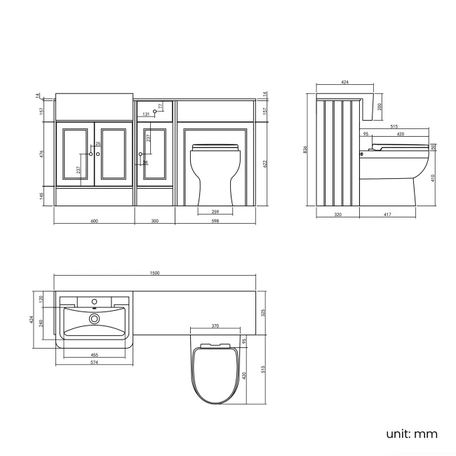 Monaco Dove Grey Combination Vanity Traditional Basin with Marble Top and Seattle Toilet 1500mm