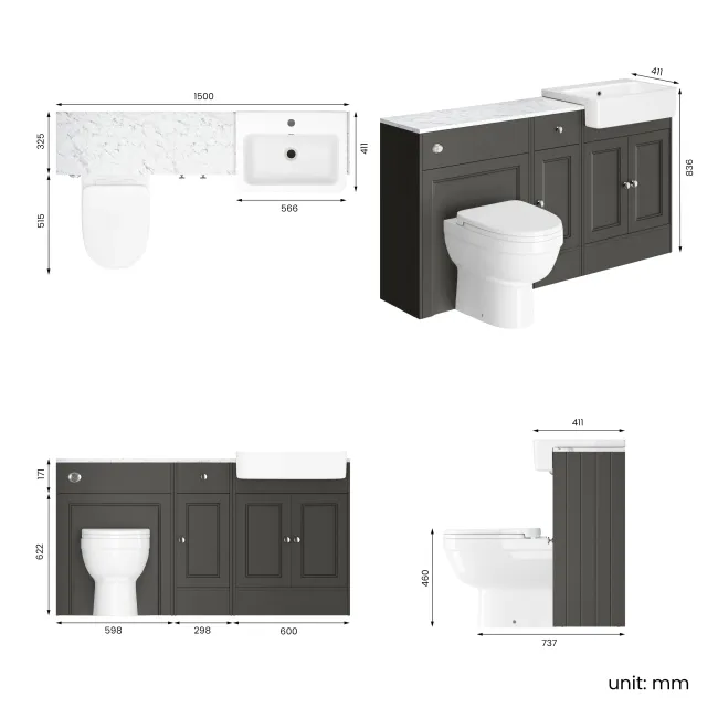 Monaco Graphite Grey Combination Vanity Basin with Marble Top and Seattle Toilet 1500mm