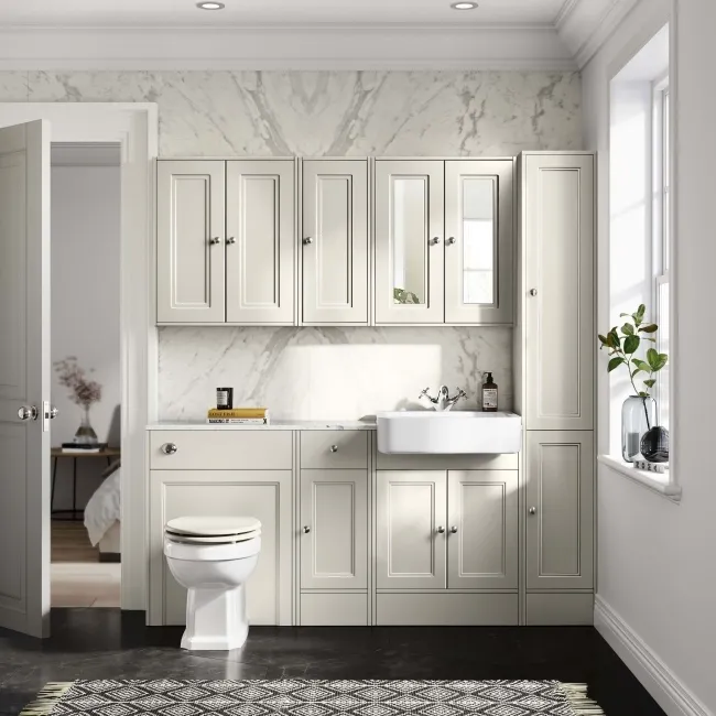Monaco Chalk White Combination Vanity Basin with Marble Top and Hudson Toilet with Wooden Seat 1500mm