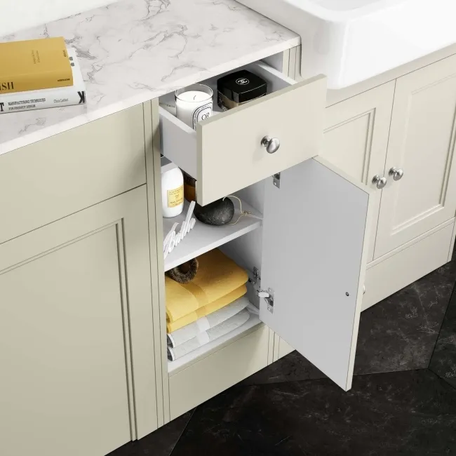 Monaco Chalk White Combination Vanity Basin with Marble Top and Hudson Toilet with Wooden Seat 1500mm