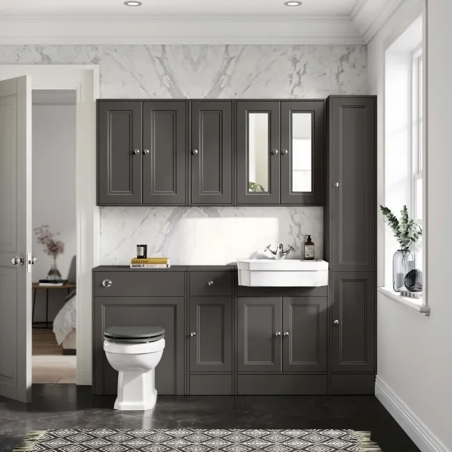 Monaco Graphite Grey Combination Vanity Traditional Basin and Hudson Toilet with Wooden Seat 1500mm