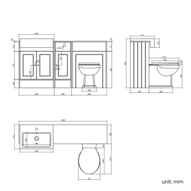 Monaco Inky Blue Combination Vanity Basin with Marble Top and Hudson Toilet with Wooden Seat 1500mm