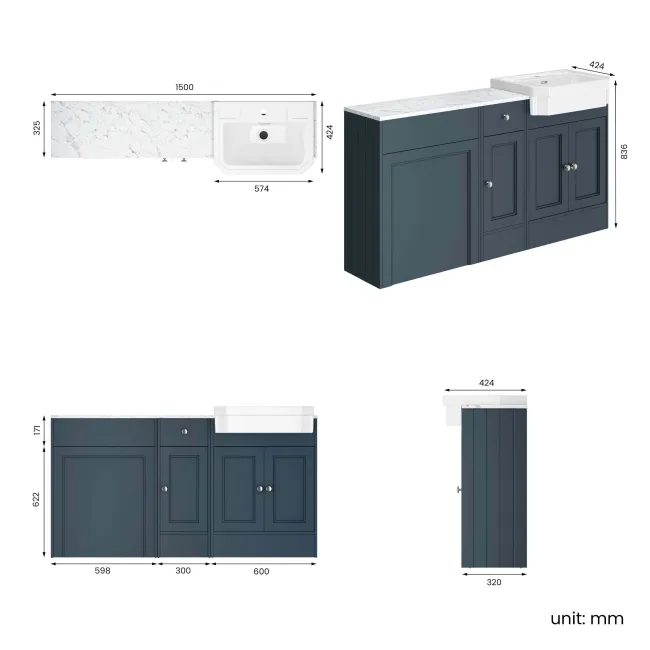 Monaco Inky Blue Combination Vanity Traditional Basin with Marble Top 1500mm (Excludes Pan & Cistern)