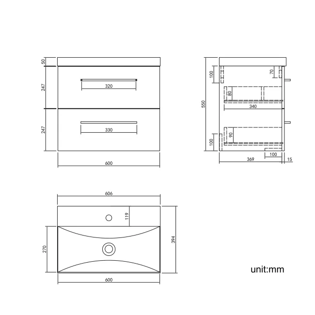 Elba Graphite Grey Wall Hung Basin Drawer Vanity 600mm - Brushed Brass Accents