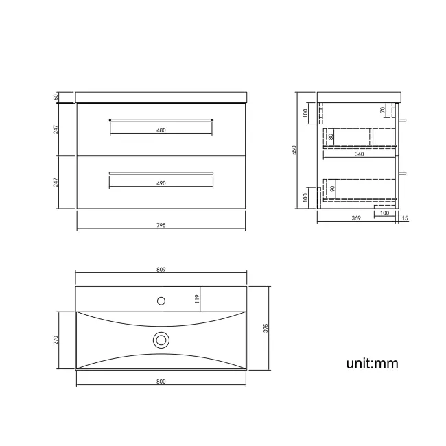 Elba Graphite Grey Wall Hung Basin Drawer Vanity 800mm - Brushed Brass Accents