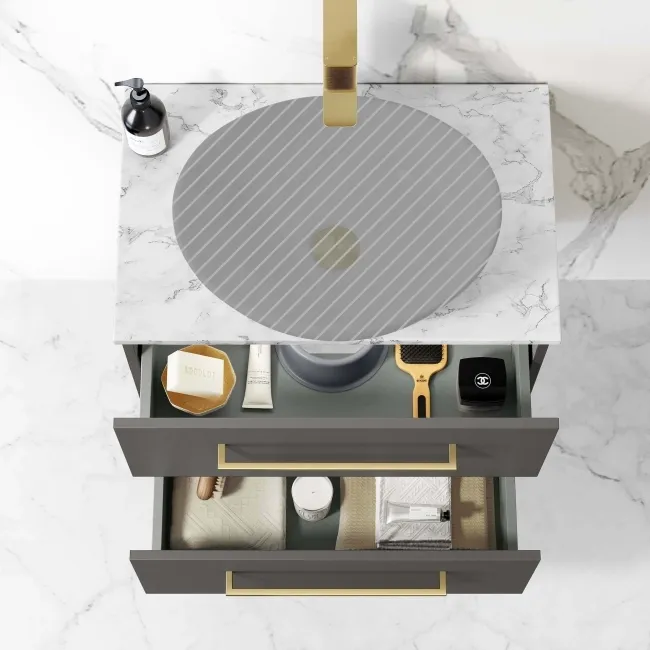 Elba Graphite Grey Wall Hung Drawer 600mm Excludes Counter Top Basin - Brushed Brass Accents