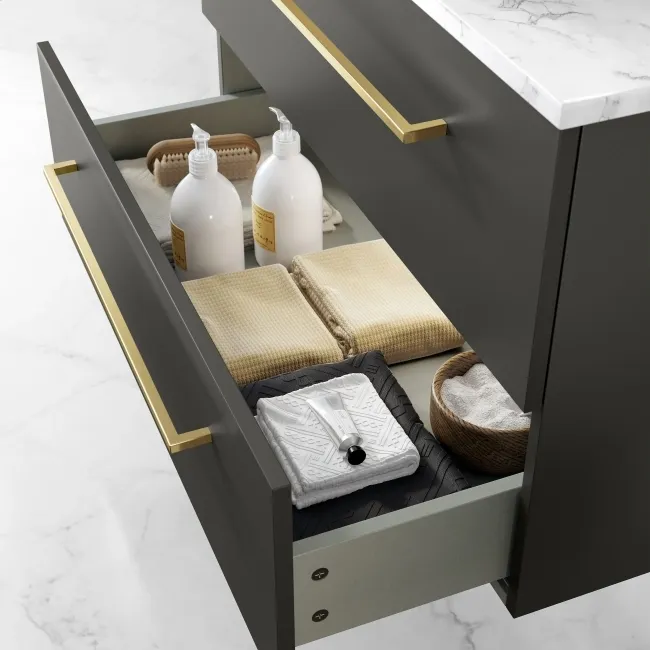 Elba Graphite Grey Wall Hung Drawer Vanity with Marble Top & Oval Counter Top Basin 800mm - Brushed Brass Accents