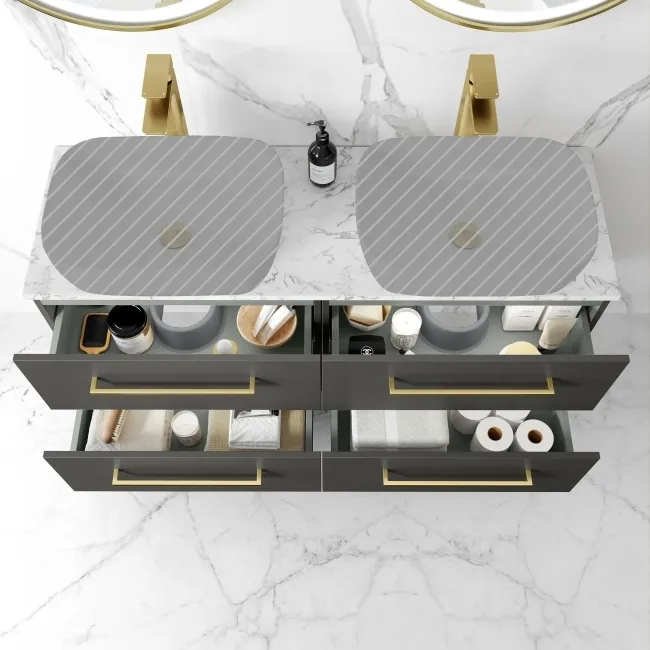 Elba Graphite Grey Wall Hung Drawer with Marble Top 1200mm Excludes Basins - Brushed Brass Accents