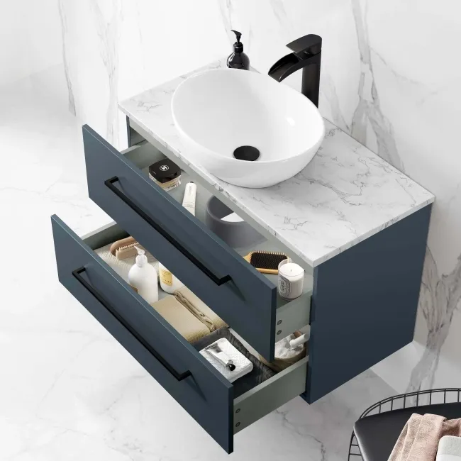Elba Inky Blue Wall Hung Drawer Vanity with Marble Top & Oval Counter Top Basin 800mm - Black Accents