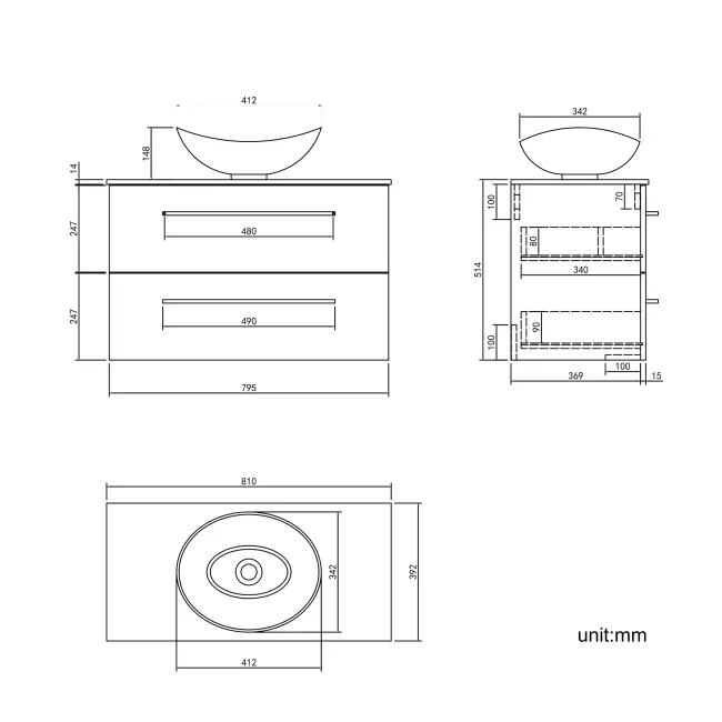 Elba Inky Blue Wall Hung Drawer Vanity with Marble Top & Oval Counter Top Basin 800mm - Black Accents