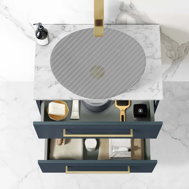 Elba Inky Blue Wall Hung Drawer 600mm Excludes Counter Top Basin - Brushed Brass Accents