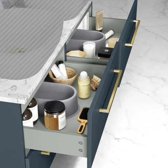 Elba Inky Blue Wall Hung Drawer with Marble Top 1200mm Excludes Basins - Brushed Brass Accents