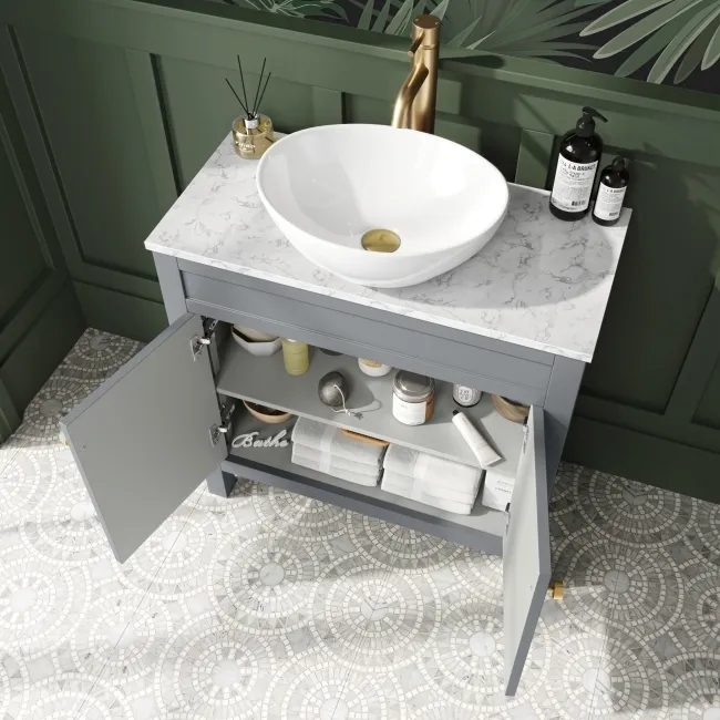 Bermuda Dove Grey Vanity with Marble Top & Oval Counter Top Basin 800mm - Brushed Brass Accents