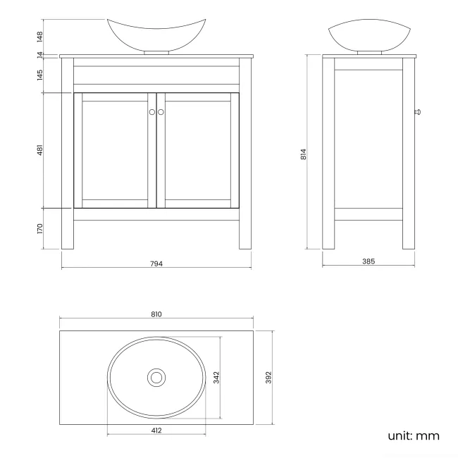 Bermuda Dove Grey Vanity with Marble Top & Oval Counter Top Basin 800mm - Brushed Brass Accents
