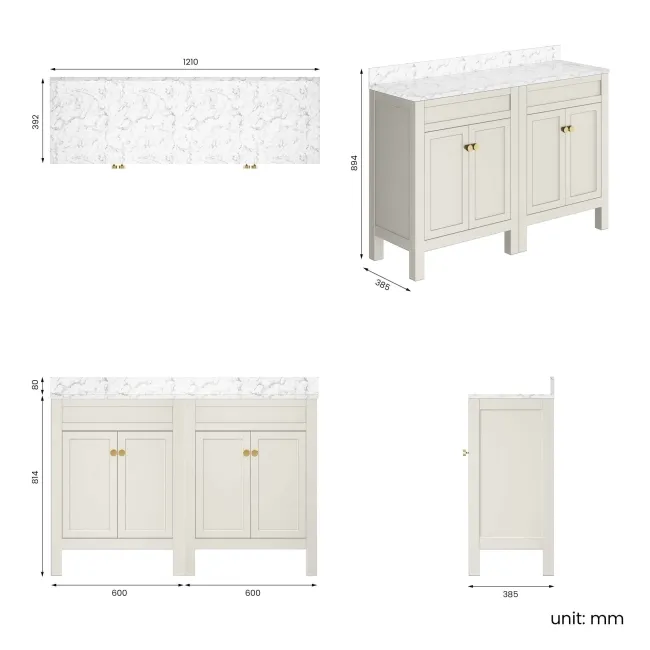 Bermuda Chalk White Cabinet with Marble Top 1200mm Excludes Counter Top Basin - Brushed Brass Accents