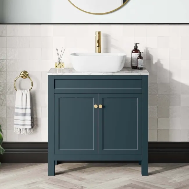 Bermuda Inky Blue Vanity with Marble Top & Curved Counter Top Basin 800mm - Brushed Brass Accents