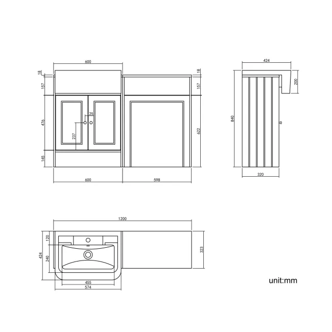 Monaco Chalk White Traditional Basin Vanity and Back To Wall Unit 1200mm (Excludes Pan & Cistern) - Brushed Brass Accents