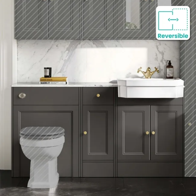 Monaco Graphite Grey Combination Vanity Traditional Basin with Marble Top 1500mm (Excludes Pan & Cistern) - Brushed Brass Accents