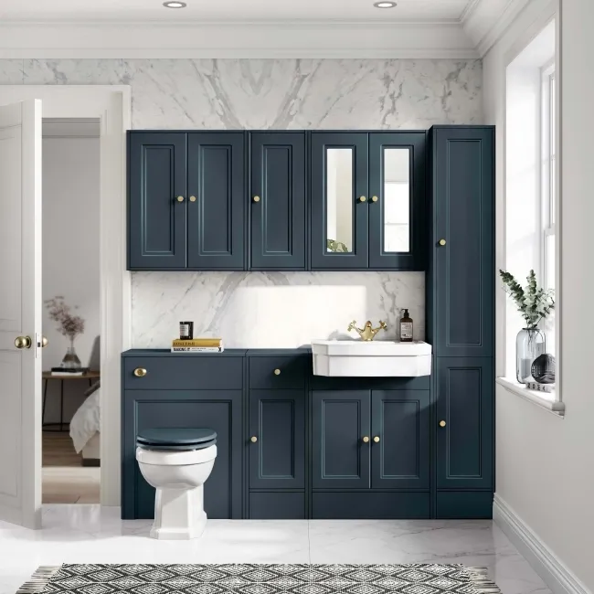 Monaco Inky Blue Traditional Basin Vanity and Back To Wall Unit 1500mm (Excludes Pan & Cistern) - Brushed Brass Accents