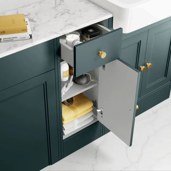 Monaco Midnight Green Combination Vanity Basin with Marble Top 1500mm (Excludes Pan & Cistern) - Brushed Brass Accents