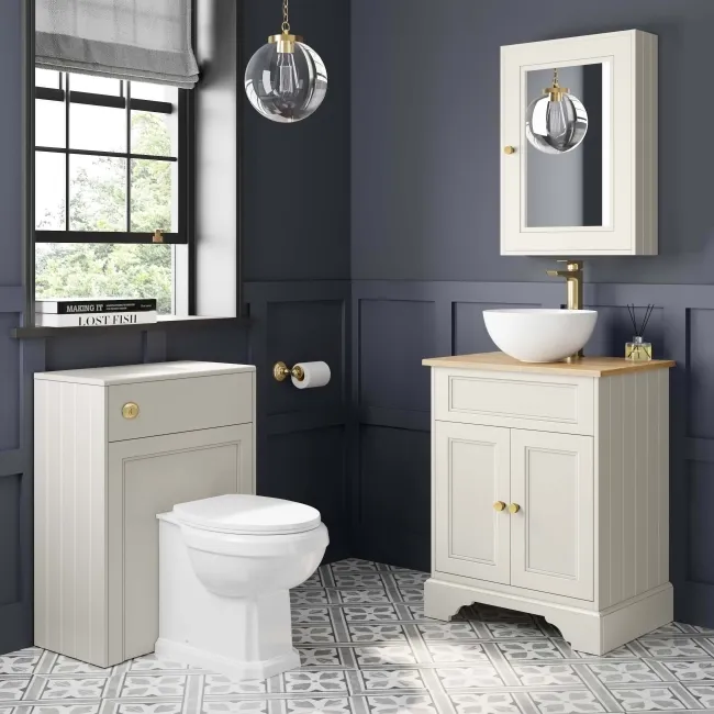 Lucia Chalk White Vanity with Oak Effect Top & Round Counter Top Basin 640mm - Brushed Brass Accents