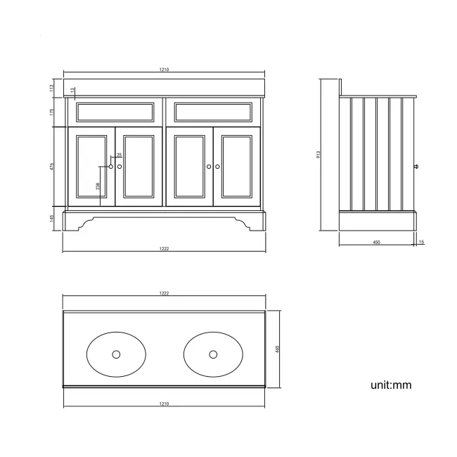 Lucia Chalk White Double Vanity with Marble Top & Undermount Basins 1200mm - Brushed Brass Accents
