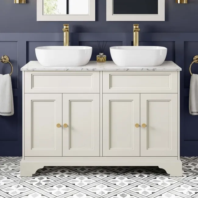 Lucia Chalk White Double Vanity with Marble Top & Curved Counter Top Basin 1200mm - Brushed Brass Accents