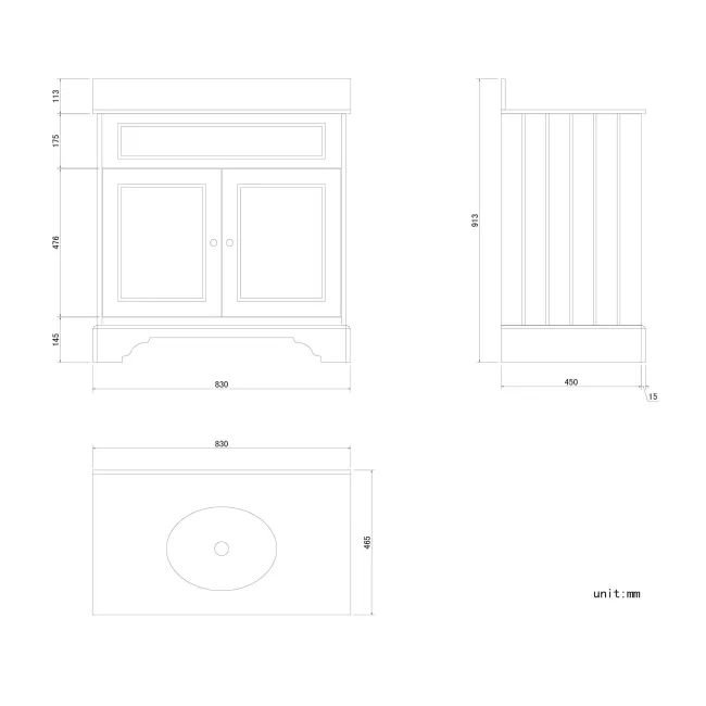 Lucia Graphite Grey Vanity with Marble Top & Undermount Basin 830mm - Brushed Brass Accents