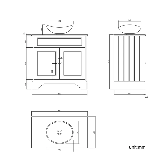 Lucia Graphite Grey Vanity with Oak Effect Top & Oval Counter Top Basin 840mm - Brushed Brass Accents