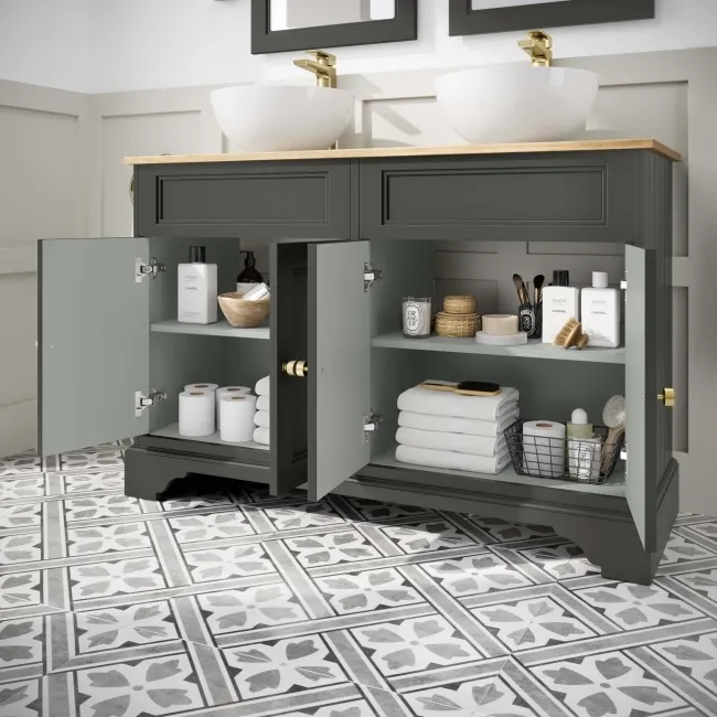 Lucia Graphite Grey Double Vanity with Oak Effect Top & Round Counter Top Basin 1200mm - Brushed Brass Accents