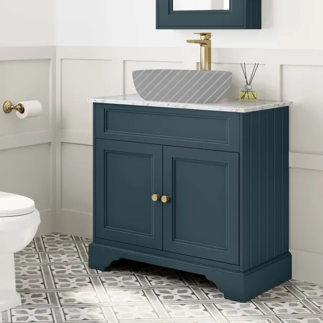 Lucia Inky Blue Cabinet with Marble Top 840mm (Excludes Counter Top Basin) - Brushed Brass Accents