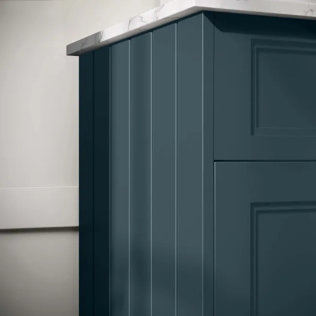 Lucia Inky Blue Vanity with Marble Top & Curved Counter Top Basin 840mm - Brushed Brass Accents