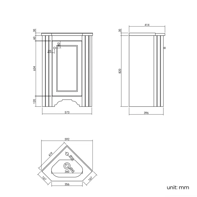 Lucia Dove Grey Corner Basin Vanity 400mm - Brushed Brass Accents