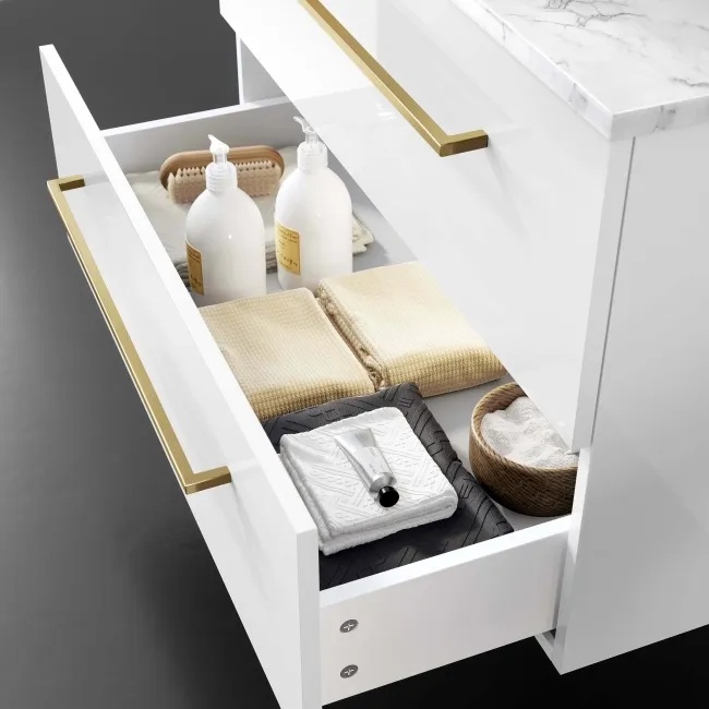 Elba Gloss White Wall Hung Drawer Vanity with Marble Top & Oval Counter Top Basin 800mm - Brushed Brass Accents