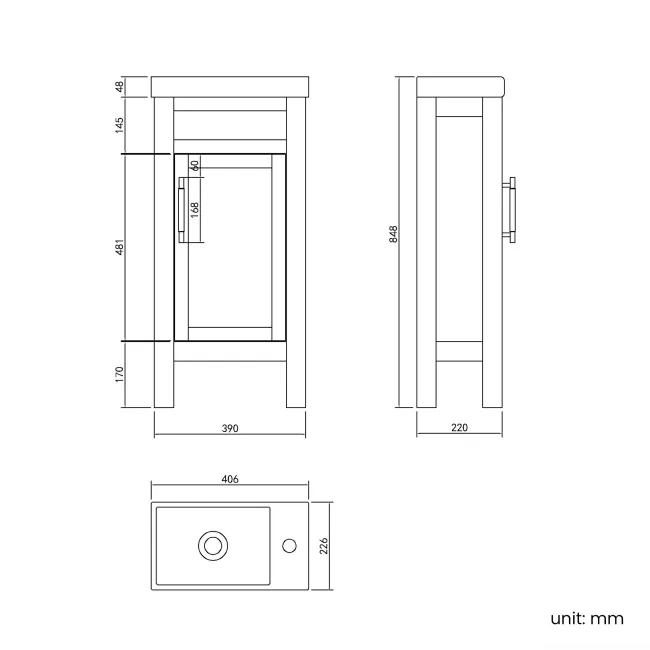 Bermuda Dove Grey Cloakroom Basin Vanity 400mm - Brass Knurled Handles